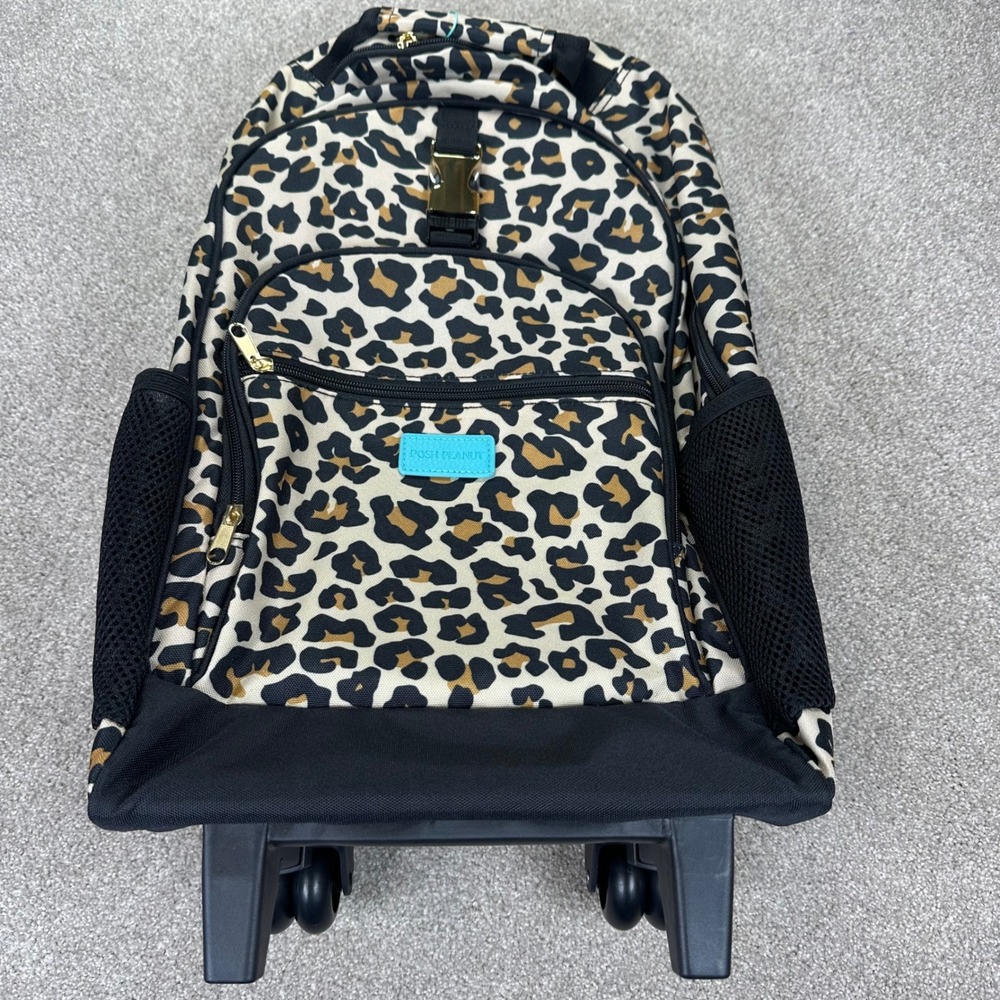 Posh Peanut Kids OS Rolling Backpack Leopard Print Tan Black Gold Safari Travel